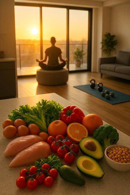 Person meditating in front of window with weights and whole foods behind